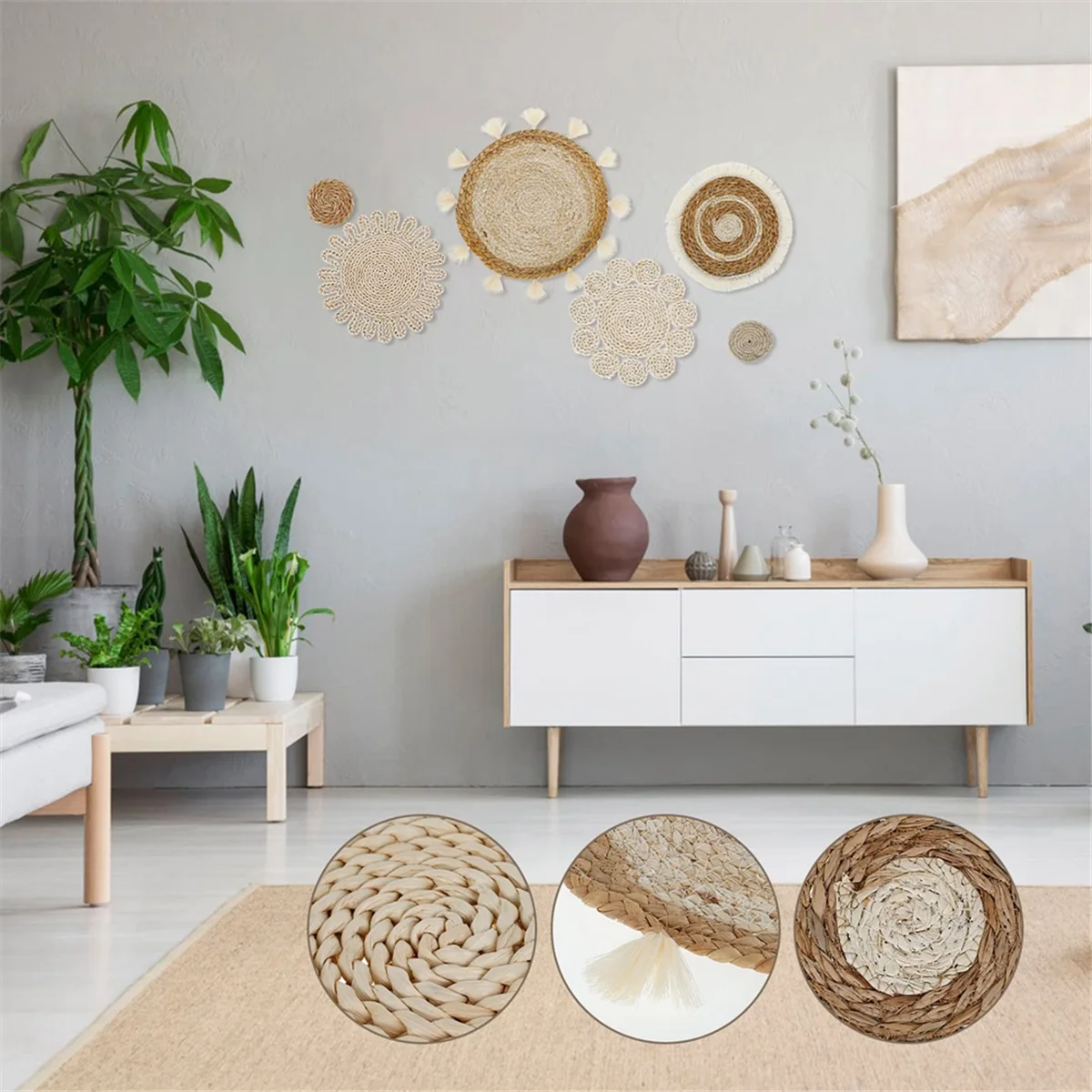 6 Stuks Boho Wandmand Decor Set Geweven Rotan Platte Manden Muur Opknoping Decor Handgemaakte Kwastjes Bloem Muur Manden Decor