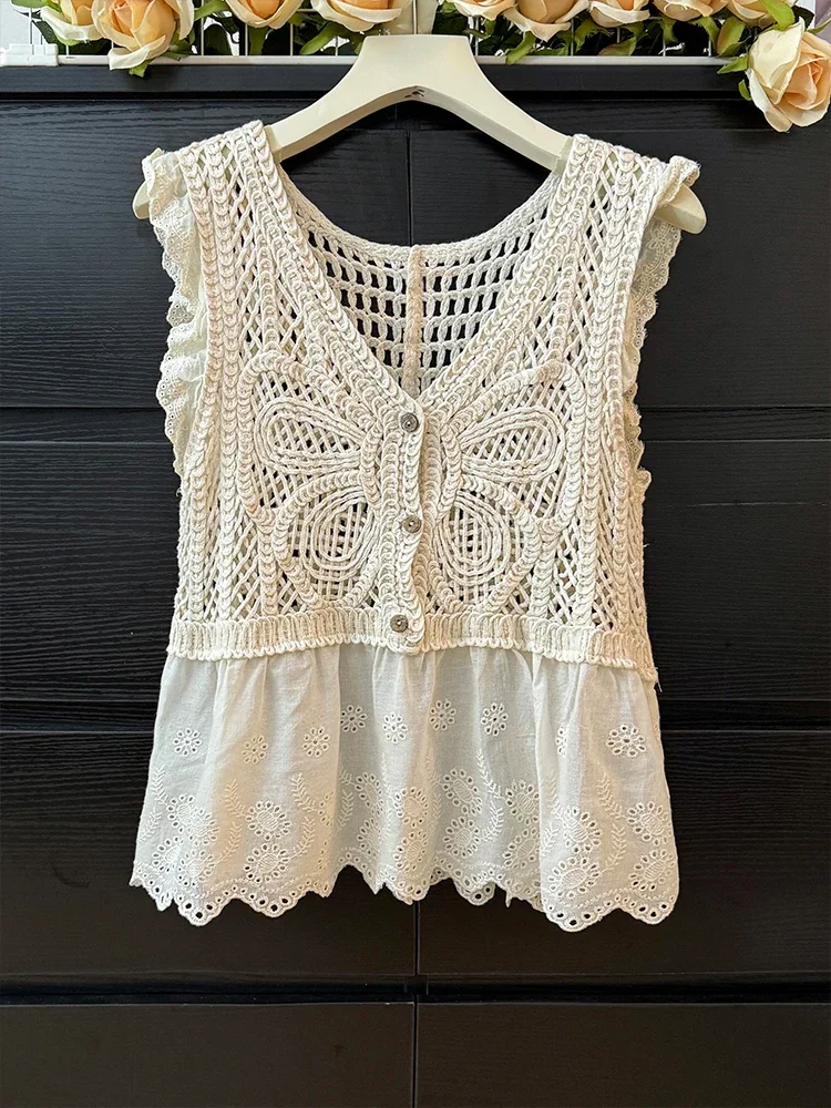

Вязаный жилет, женский французский кружевной жилет с v-образным вырезом и вышивкой, универсальные топы, летние милые винтажные облегающие рубашки