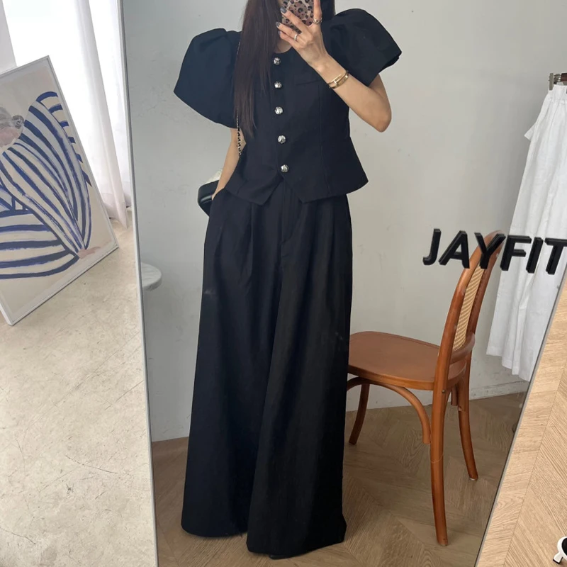 

Korean Fashion Two Piece Set Women Cotton Linen Short Puff Sleeve Tops + Elastic Waist Straight Loose Wide Leg Pants Outifits