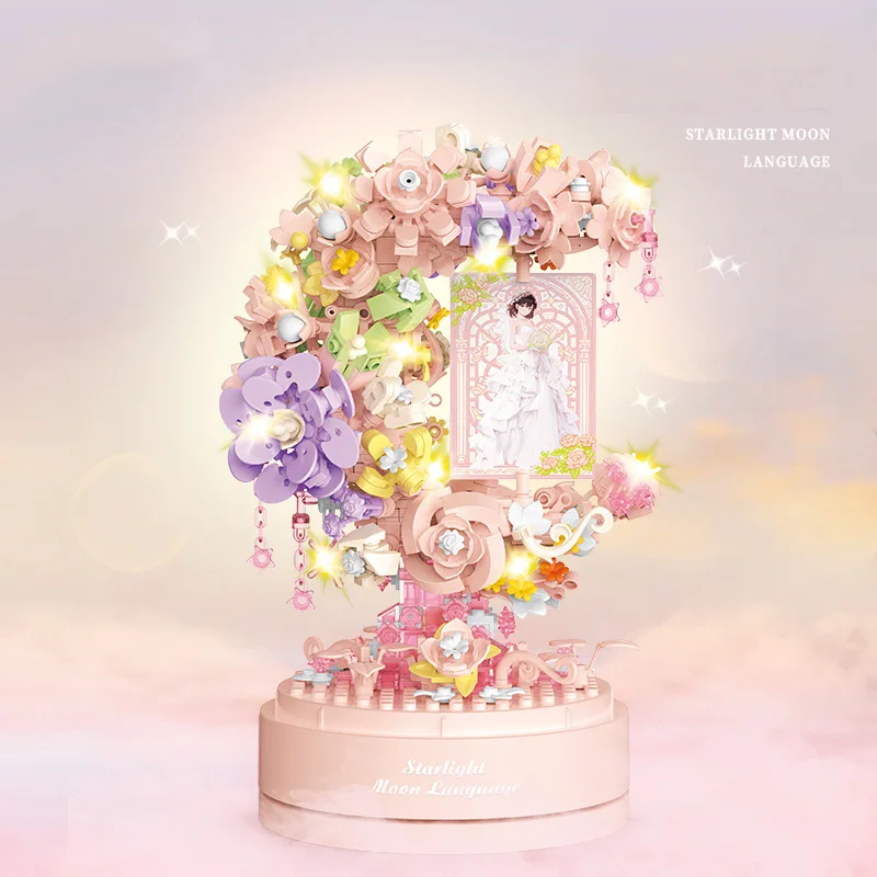 Idee Architectuur Rose Bouwsteen Sterrenlicht BLOEM Maan Muziekdoos Bakstenen Constructiespeelgoed Met Licht Voor Meisjes Geschenken