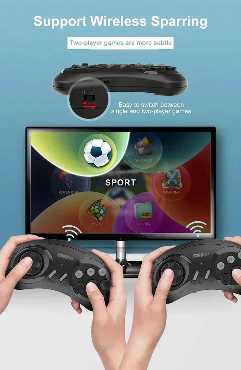 SG800 Retro Game Console Wireless Console 2.4G Built-in Gamepad Video Stick for Sega Mega Drive 5000 Classic Games Controller