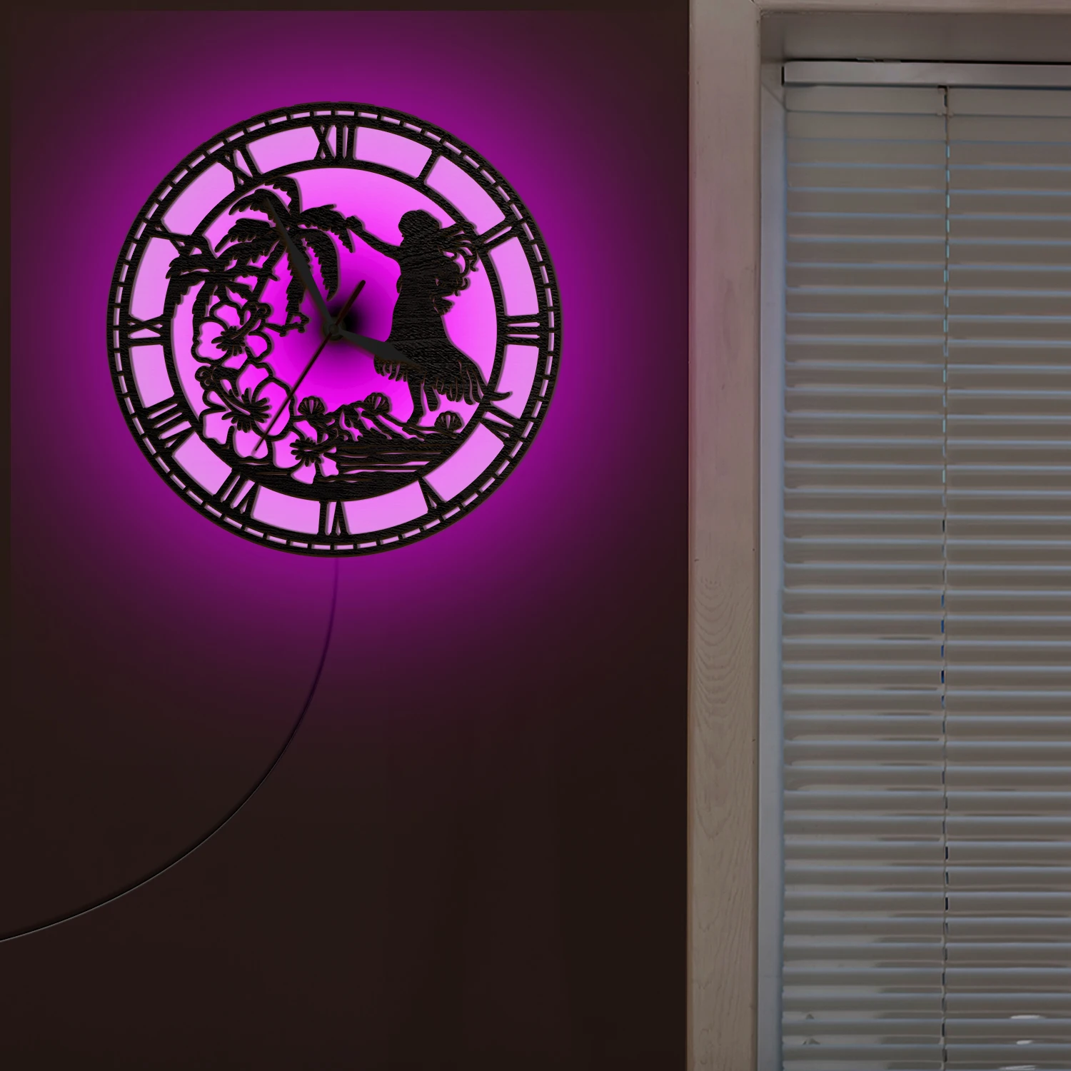 Hawaii Hula Dancer Girl Colorful Backlit Wooden Wall Clock Palm Tree Tropical Island Home Decor LED Glow Night Light Wall Clock