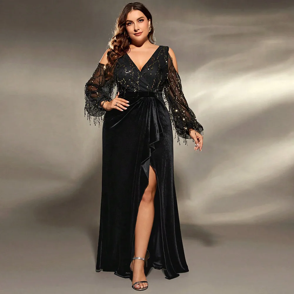 

New Women's Curvy Elegant Chic Evening Ball Gown Sexy Black Dress Wedding Korea Guest Lady Plus Size Floor Long Ceremony Dresses
