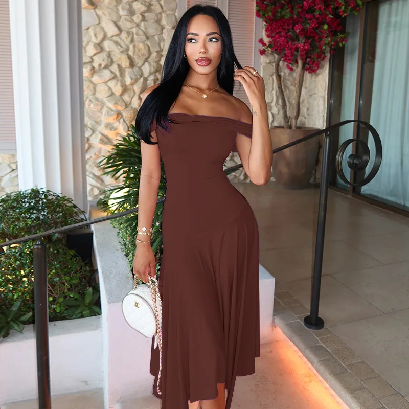

STYLISH LADY Off Shoulder Asymmetrical Midi Dress 2026 Summer Solid Color Sexy Bodycon Ruched Party Club Evening Dress for Women