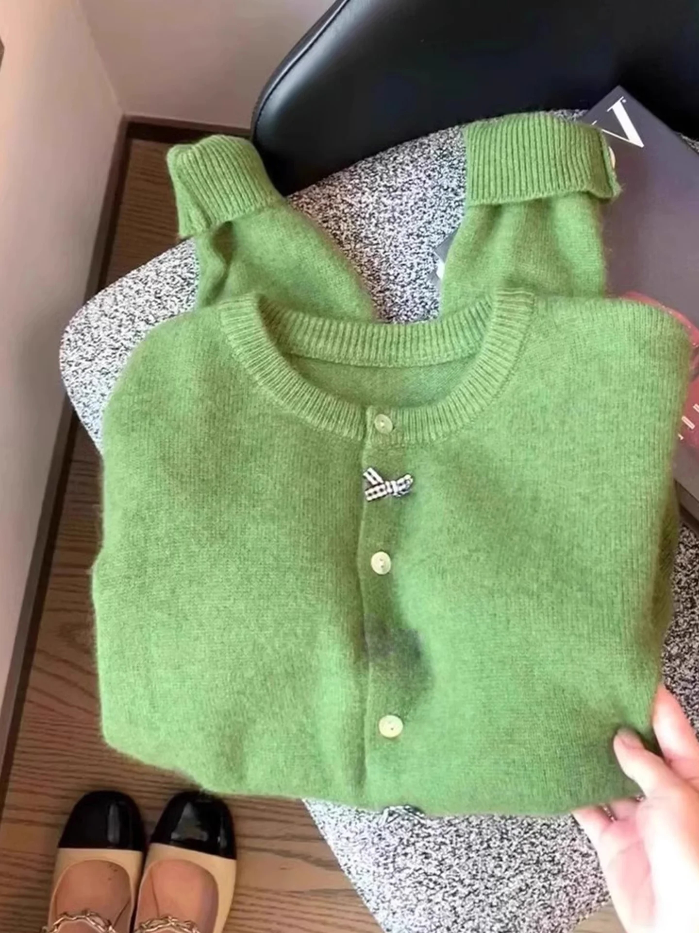 

Ele Thiened Long Sve Camere Open Cardigan Women's Loose Knitted Sweater Autumn Faion White Enhancing Korean Sl...