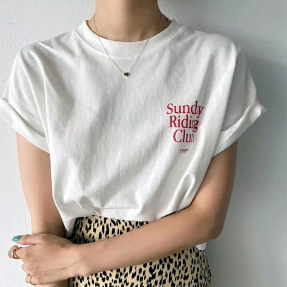 Sunday Riding Club 1997 Letters Printing Women T Shirts Summer Short Sleeve Loose Kpop Tops Cotton Loose Casual Tee Shirts