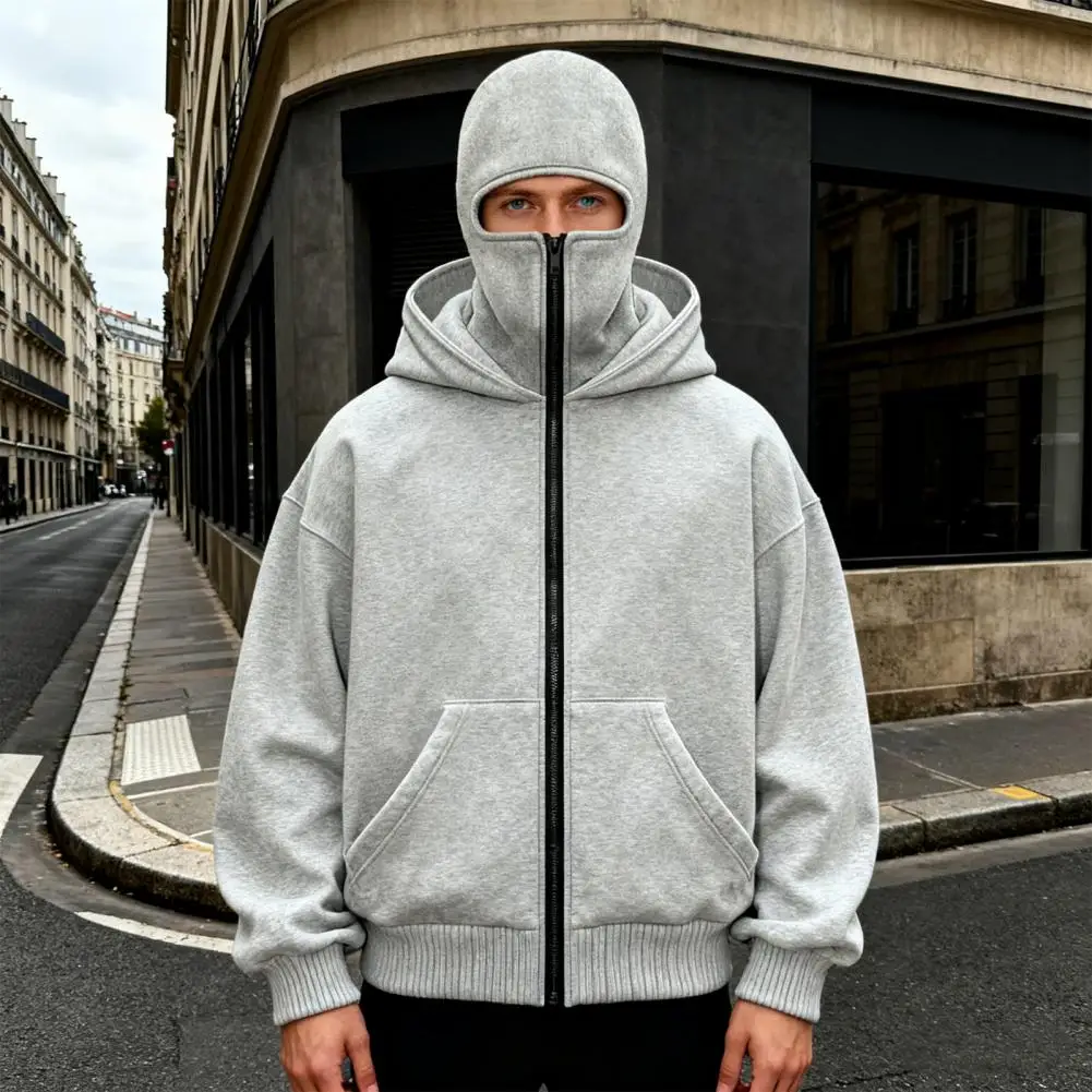 Moletom com Capuz Balaclava Masculino Quente, Jaqueta com Máscara, Casaco Atlético Resistente ao Vento, Moletom com Capuz Duplo para Atividades ao Ar 