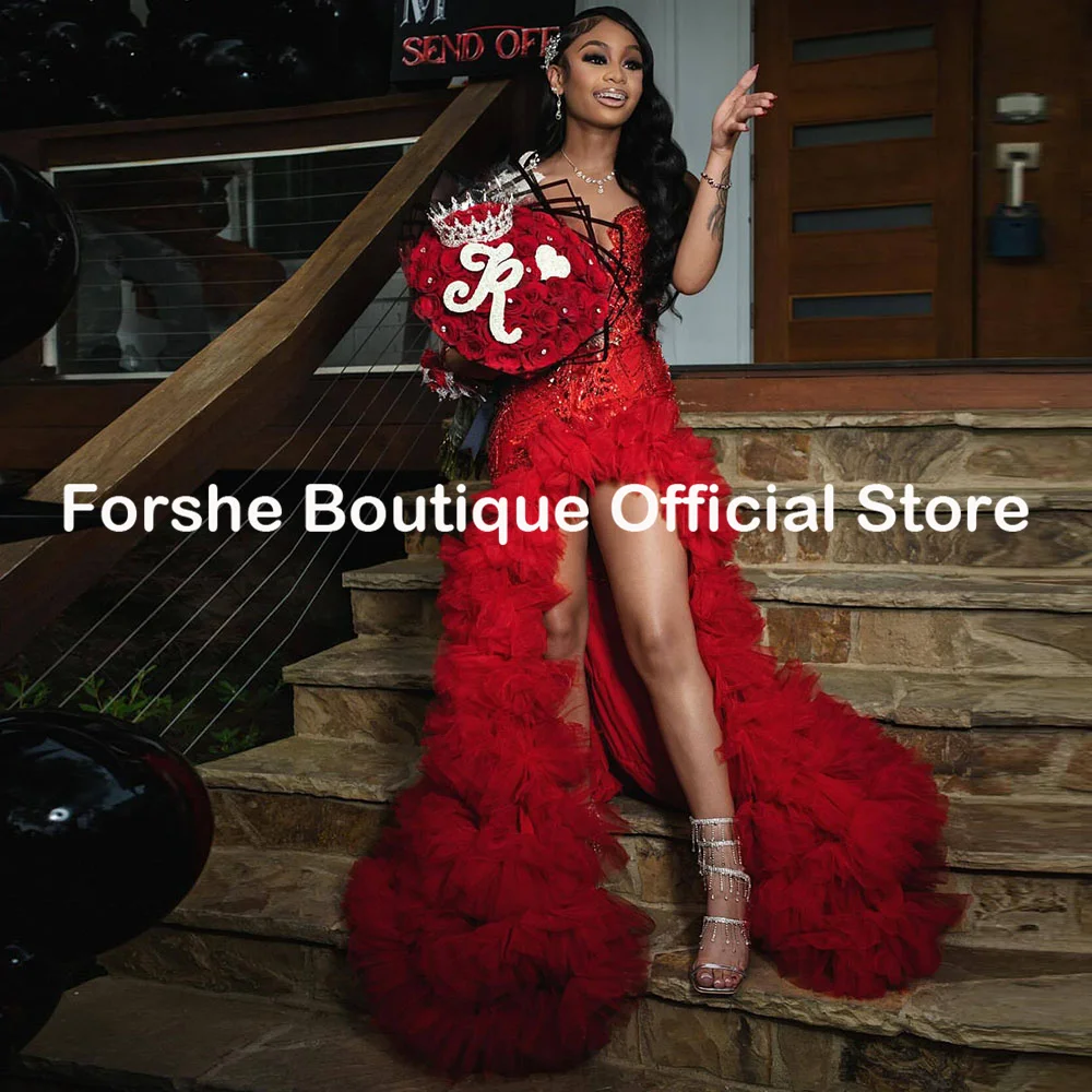 Luxury Red Mermaid Prom Dresses For Special Occasions Ruffles Birthday Party Dress Diamonds Bead Graduation Gown Customized