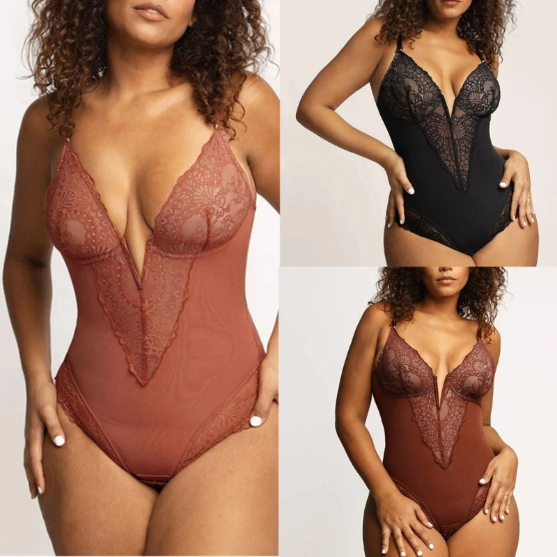 

Women Sexy Shapewear Lace Bodysuit Tummy Control Body Shaper Thong V-Neck Camisole Jumpsuits Butt Lifter