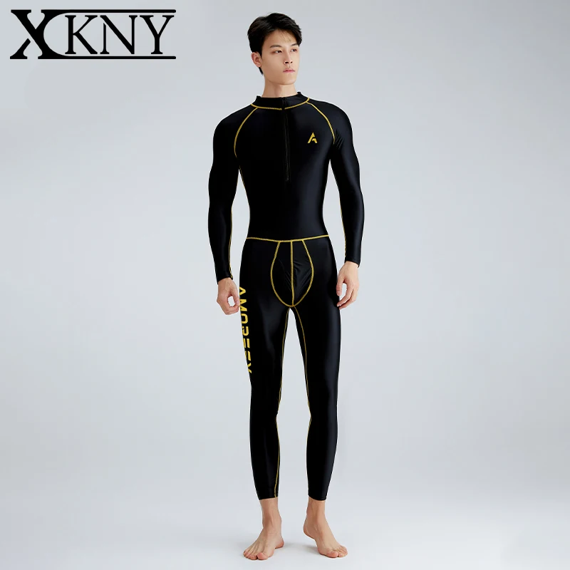 AMORESY Satin glossy men front zipper long-sleeved trousers tights silk smooth surfing suit yoga sportswear  bodysuit