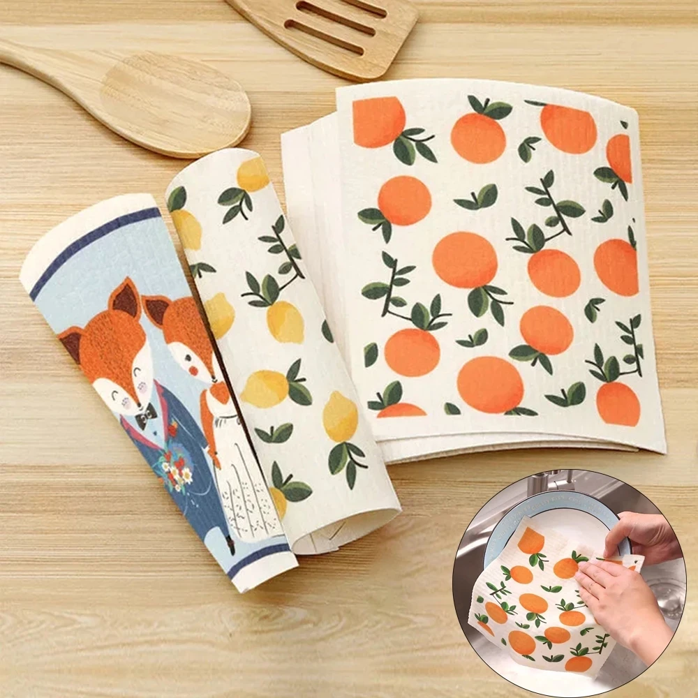 1pcs Printed Absorbent Cleaning Dishcloth Simple Style Cellulose Cleaning Cloths Reusable Wet Dry Household Kitchen Rag