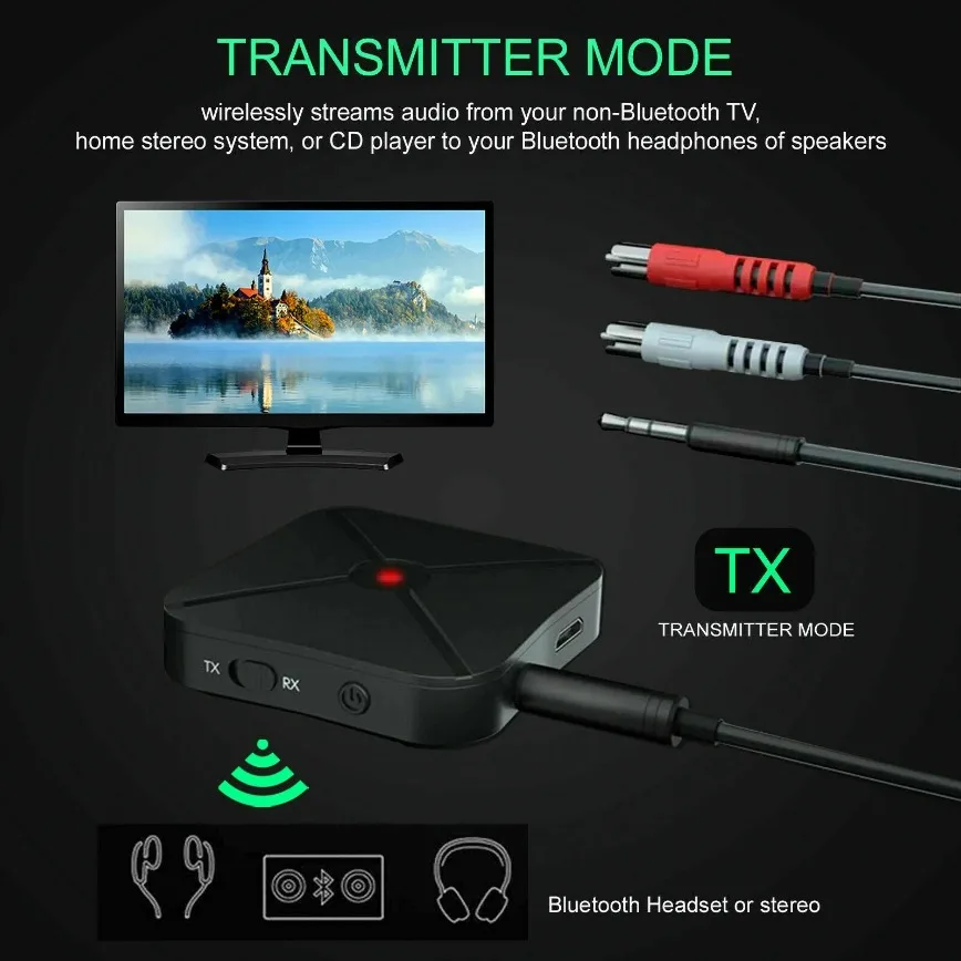 2 in 1 ไร้สายบลูทูธ 5.0 เครื่องส่งสัญญาณทีวีหูฟัง PC เครื่องรับสัญญาณเพลง 3.5 มม.AUX แจ็คอะแดปเตอร์บลูทูธ RCA