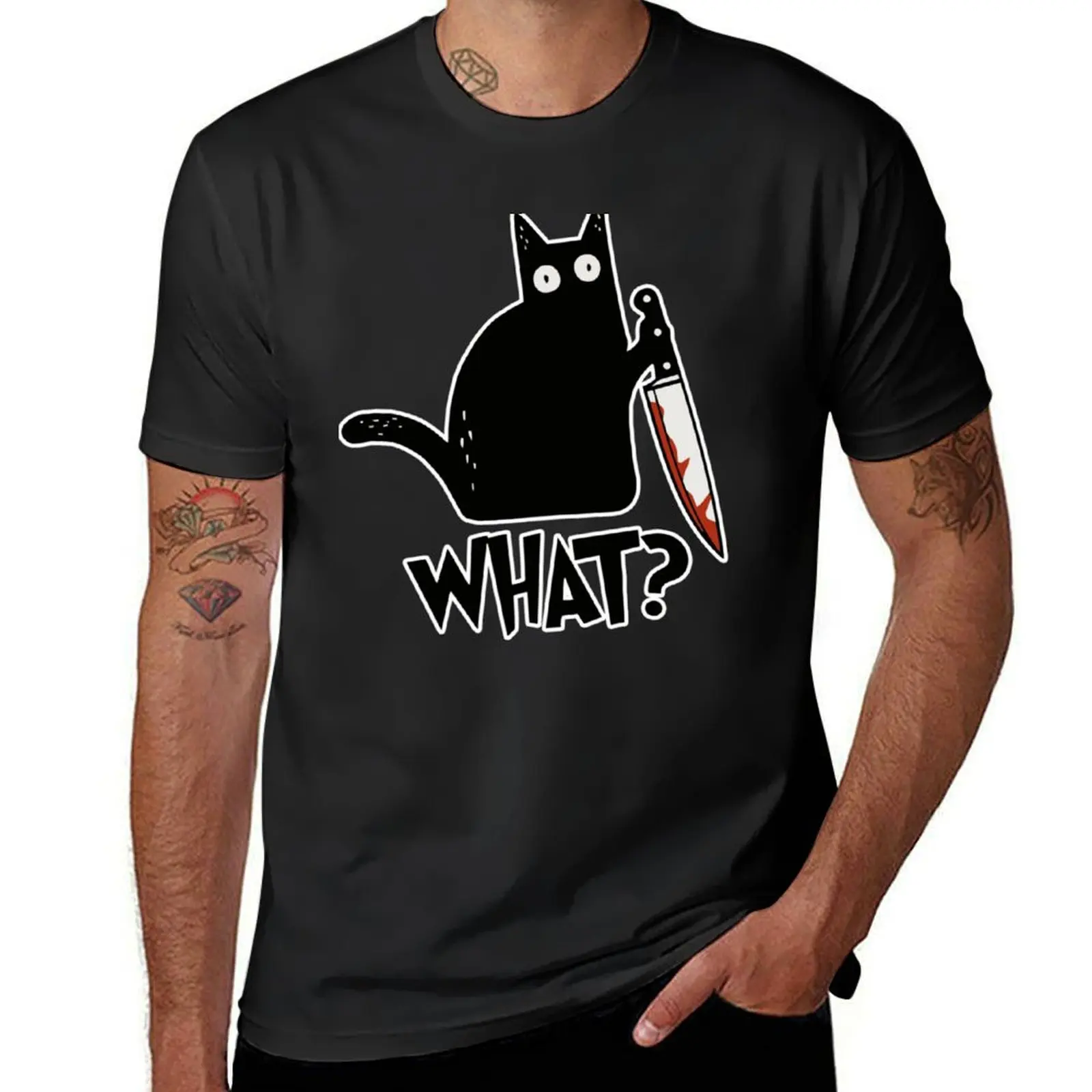 Camiseta de manga corta para hombre, Camisa lisa de Chat quoi Chat noir meurtrier avec coueau cadeau