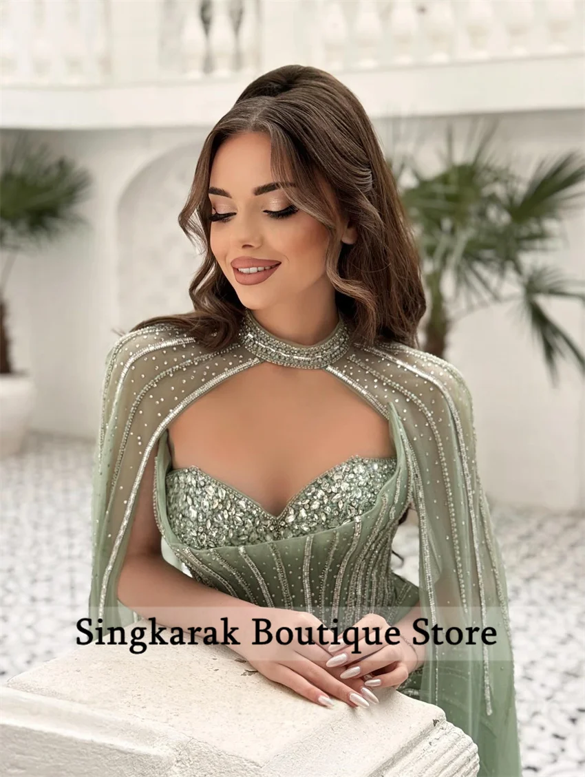 

Glitter Sage Green Halter Cape Dubai Luxury Evening Dresses Woman 2025 Pleat Mermaid Wedding Guest Prom Gowns Customized