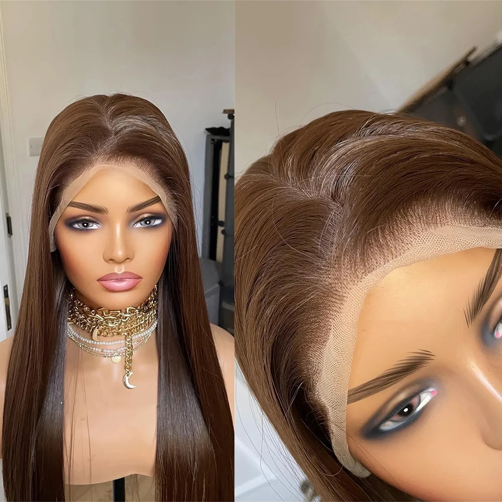

Dark Brown Straight Synthetic Wig Brunette Natural Looking Wig Realistic Hairline 13x4 Wide Lace Wig For Women Heat Friendly Wig
