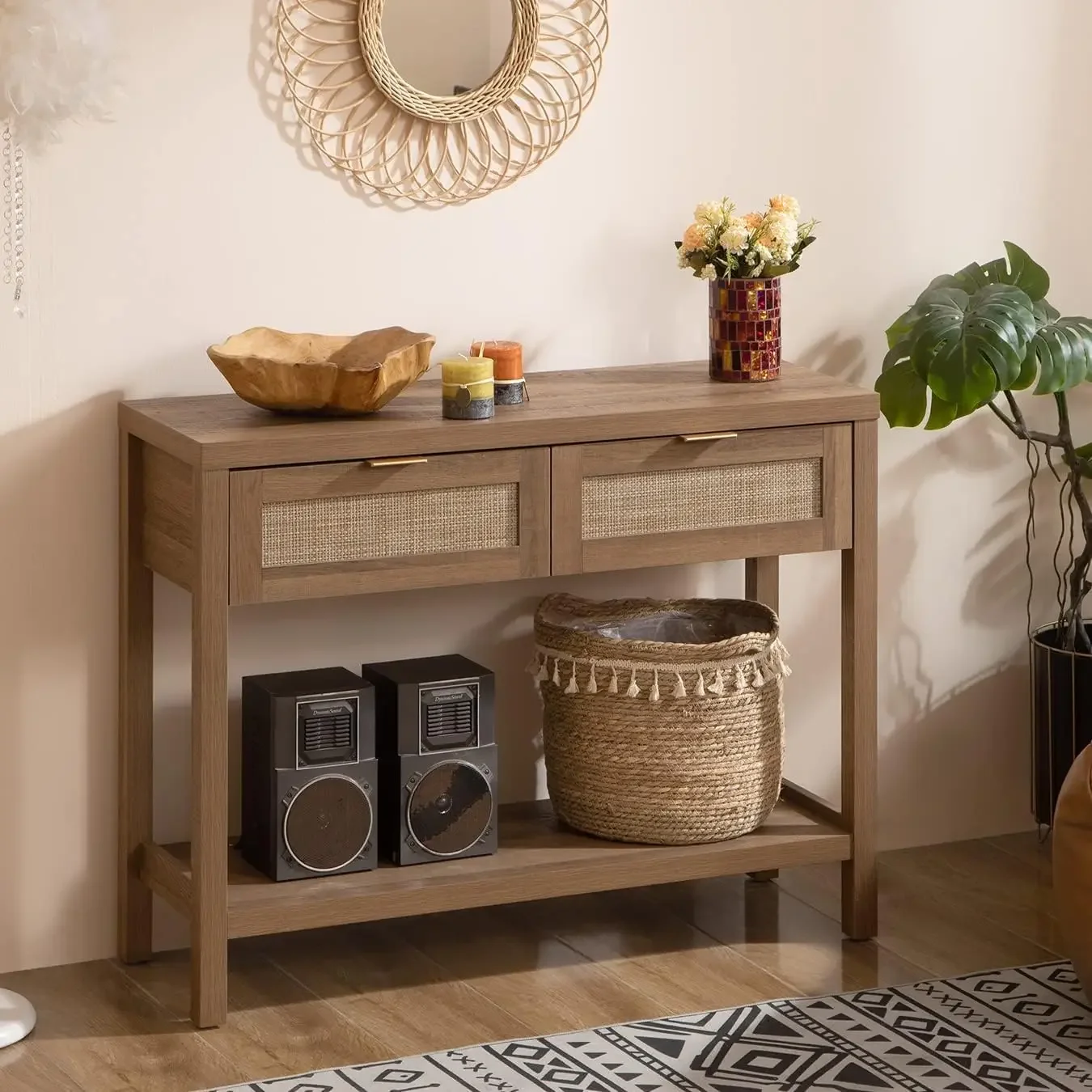 Console Table with Rattan Drawers - Boho Rattan Entryway Table with Storage, Wood Small Console Tables for Entryway