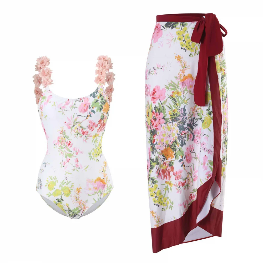 Traje de baño de una pieza con falda envolvente para mujer, conjunto de Bikini con estampado Floral y cuello Halter, traje de baño de dos piezas