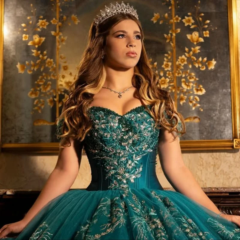 

dark green Quinceanera Dress off-shoulder glitter flower decal Long tail Bow vestidos de 15 Quinceanera ﻿Customized