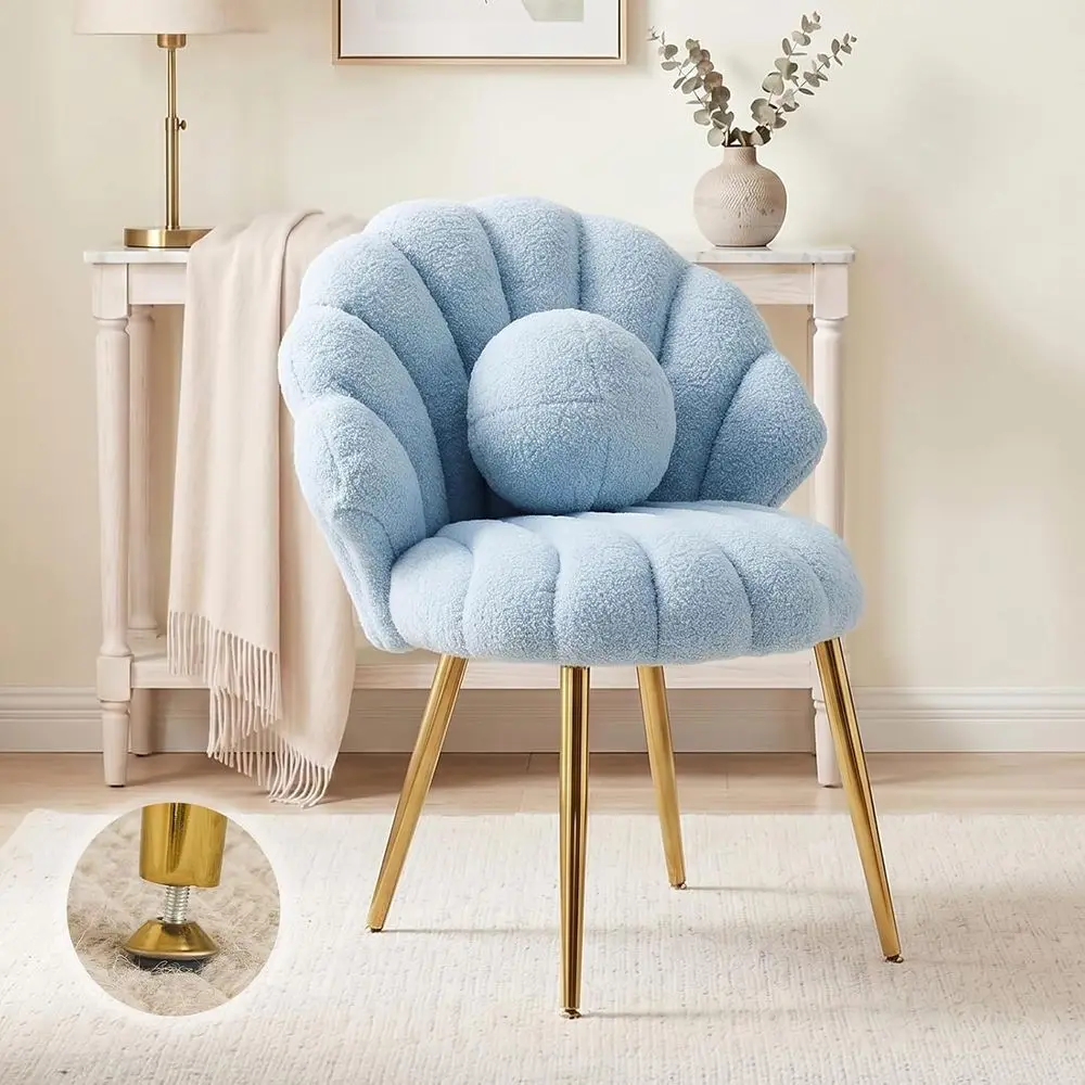 Shell-Shaped Teddy leece Accent Vanity Chair with Back,Comy Blue and Gold Desk Chair No Wheels,Cute Small Pearl Deco Pillow,Git