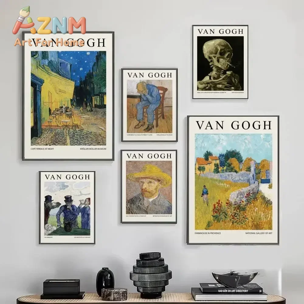 Van Gogh Canvas Print Cafe Terrace Night Poster Vintage Posters Sticky Whitepaper Sticker DIY Room Bar Cafe Room Wall Decor