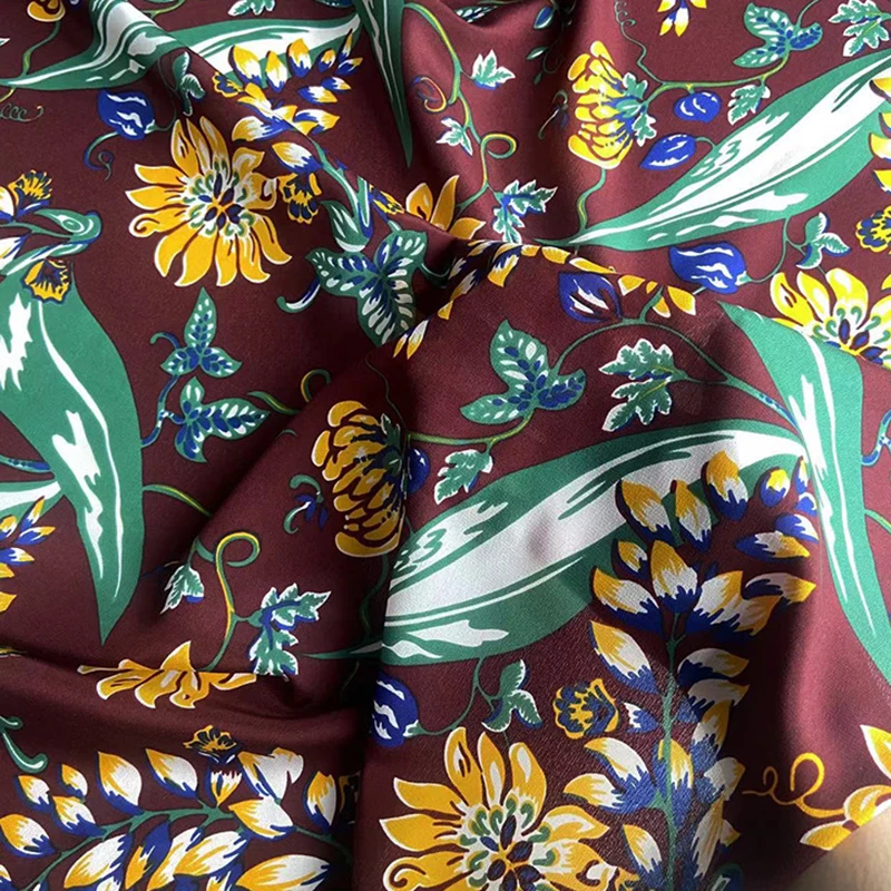114CM Wide 16mm Yellow Floral Printed Silk Crepe de Chine Fabric for DIY Sewing Summer Brown Red Pants Dress Pajamas C001-93