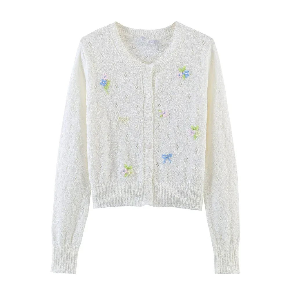 

WOMAN 2026 Summer New Fashionable Floral Embroidery Hollow Texture Knitted Cardigan Retro Round Neck Unique Top Mujer