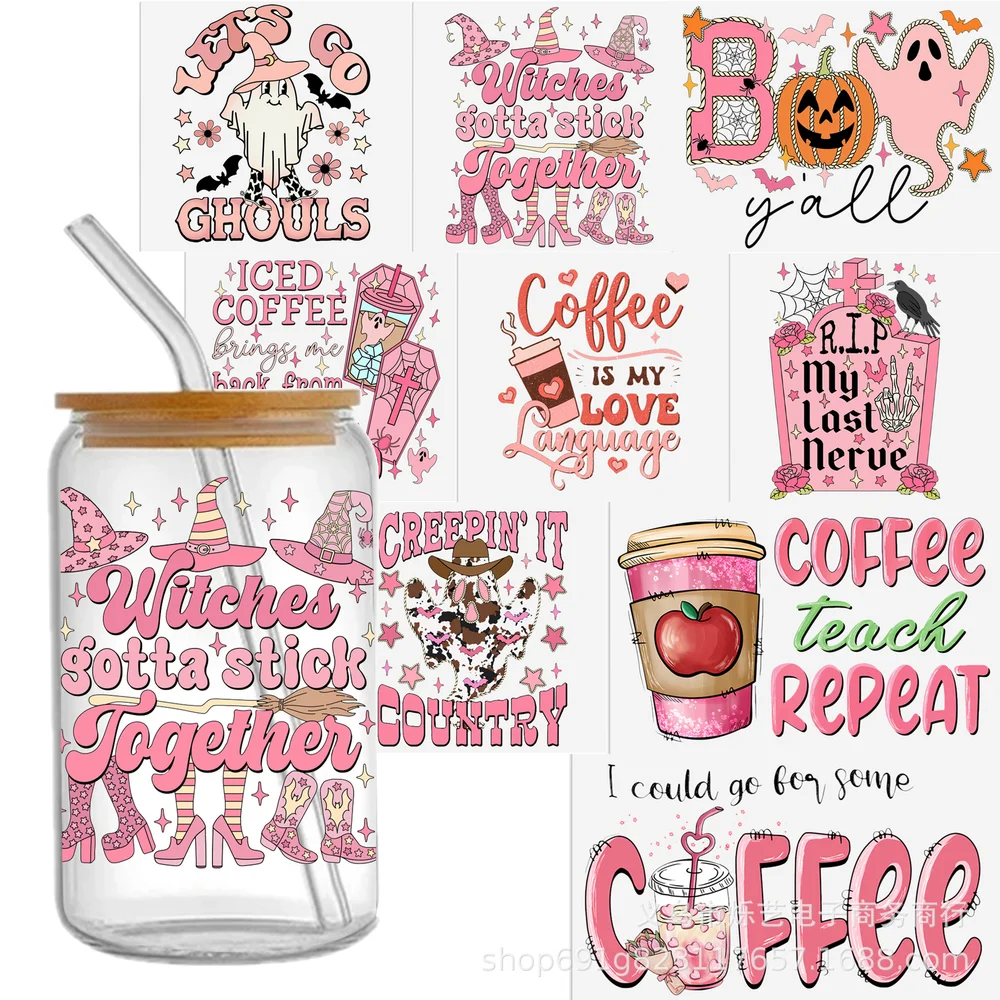 

Halloween Skull Milk Tea Coffee UV DTF transfer crystal mug stickers, tear and paste.
