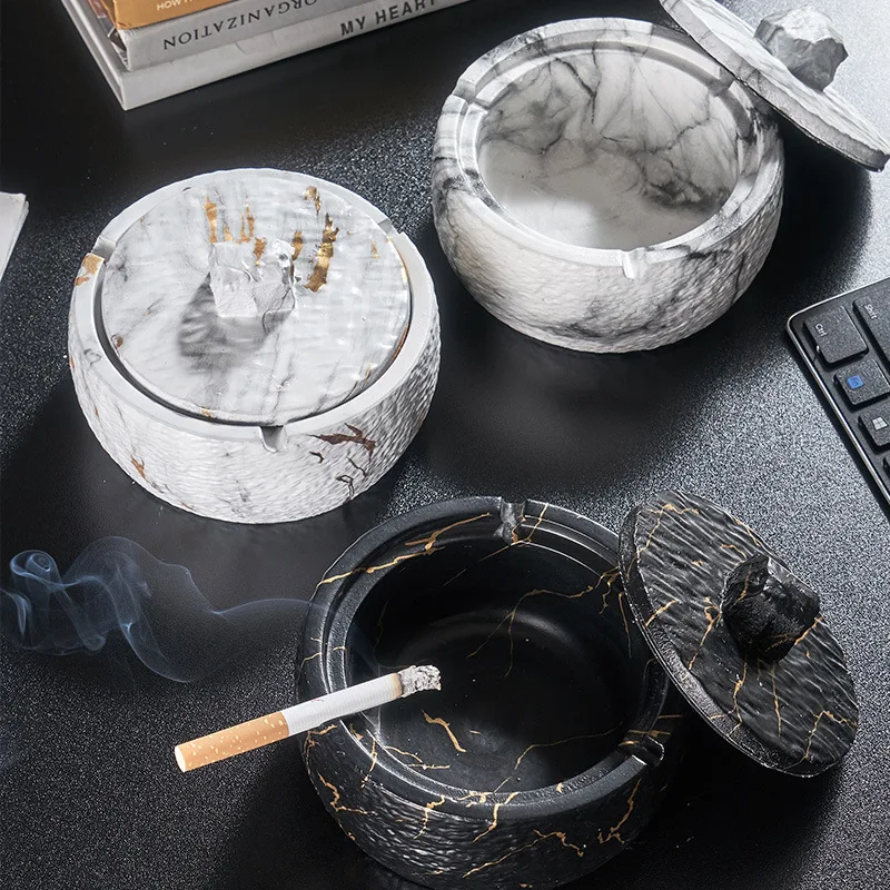 Marbled Ashtray Ceramic Smoking Accessories Living Room Office Outdoor Portable Ashtray with Cover Home Decor for Boyfriend Gift