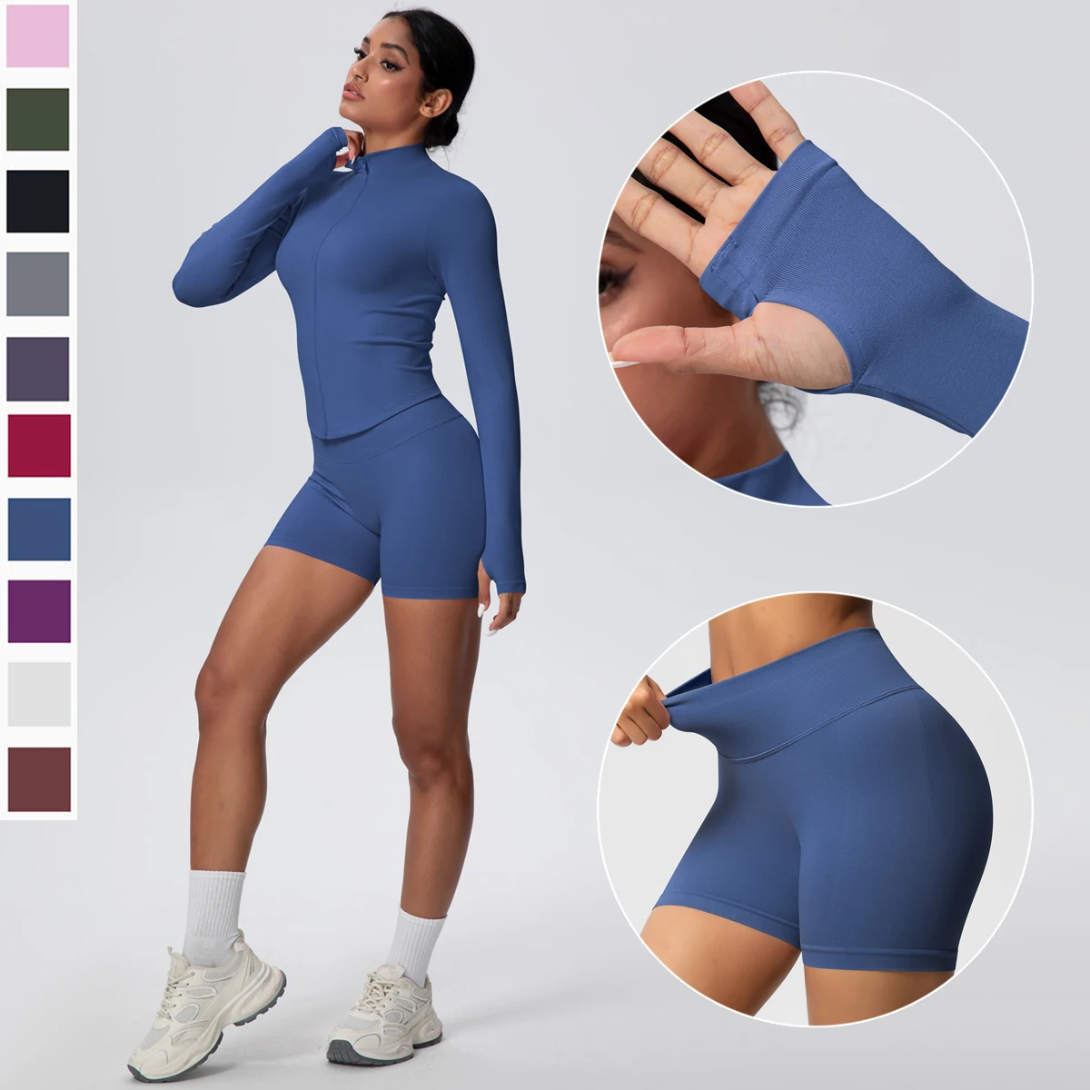 

2PCS/Set Solid Color Gym Sports Yoga Set for Woman Slim Quick Drying Zipper Jacket High Stretch Summer Fitness Shorts Yoga Set