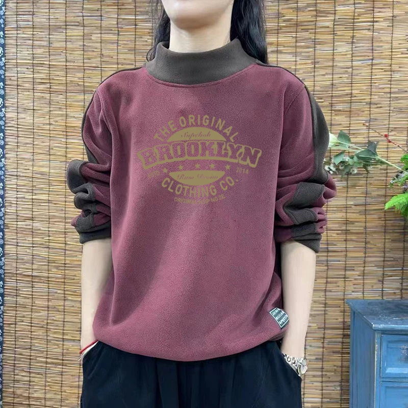 

Элитная женская утепленная футболка с длинным рукавом, с принтом, теплая базовая футболка из вельвета, осенне-зимняя новинка, модный повседневный стиль