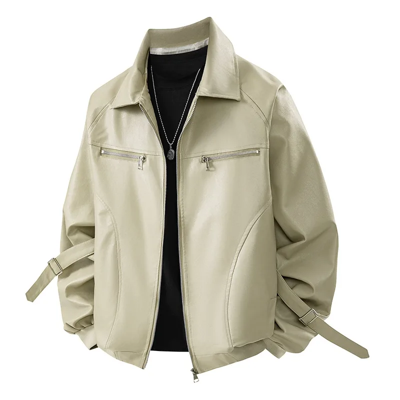 

Men's Solid Color Zipper Cardigan Autumn and Winter Pu Leather Loose Casual Lapel Jacket Long-sleeved Top