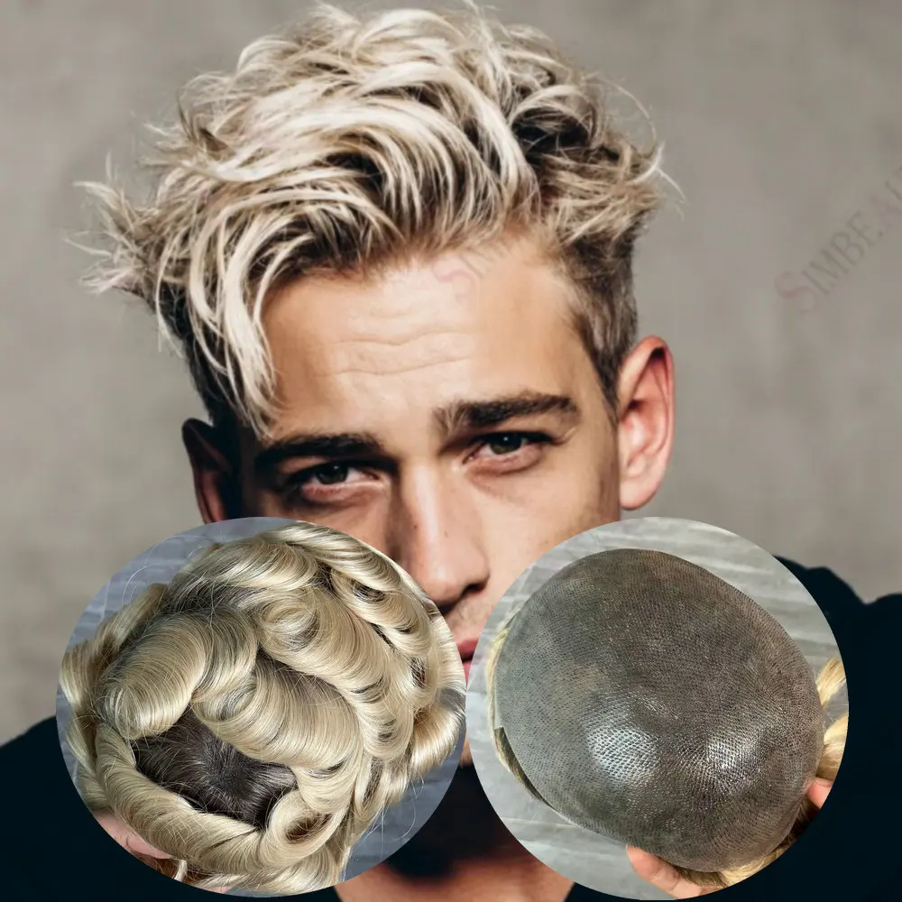 

Омбре блонд # Мужской парик-накладка 4T613 с тонкой основой 0,06 мм, 100% натуральные волосы, невидимая линия роста волос, серо-коричневый, мужской капиллярный протез