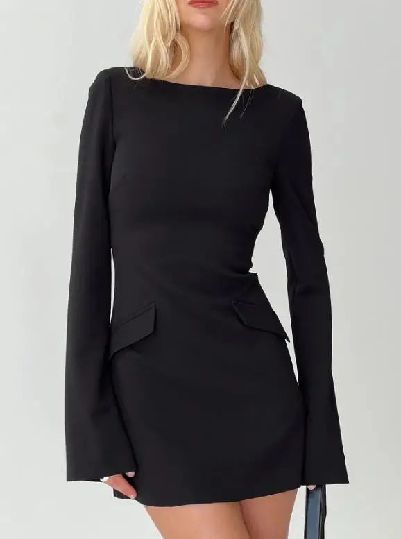 

Women Dress 2026 Summer Fashionable New Style Temperament British Style Sexy Elegant Backless Design A-Line Flared Sleeve Dress