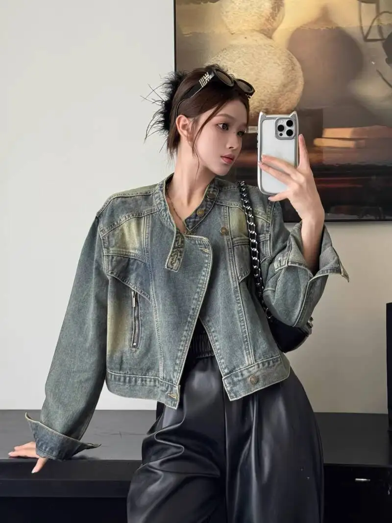 

2026 New Fall Women's Vintage Hong Kong Style Stand Collar Denim Jacket Petite Loose Casual Short Crop Denim Coat Streetwear