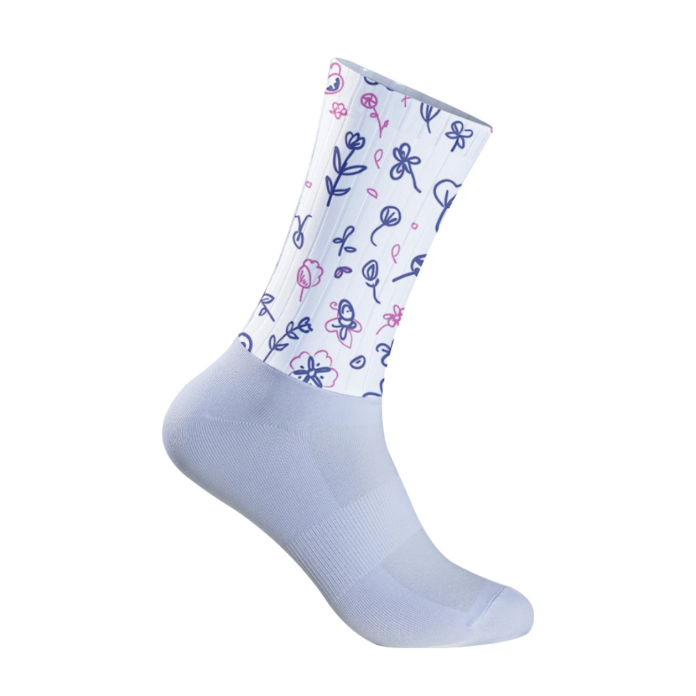 

Women Cycling Socks - Hand Drawn Blue & Pink Florals on sock Breathable Bike Crew Socks Anti-Slip