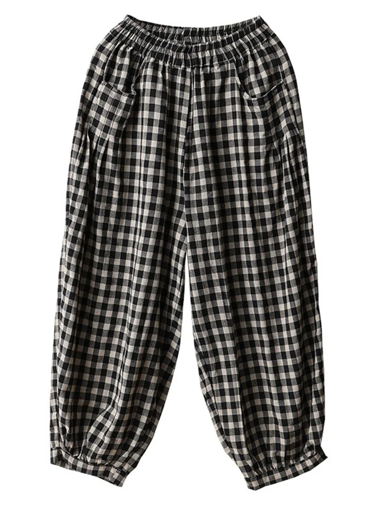 ارتفاع الخصر المرأة الكتان تسعة عشرات فانوس السراويل عارضة الرجعية منقوشة القطن الكتان هارلان السراويل تخفيف Sle الصيف جمع #5