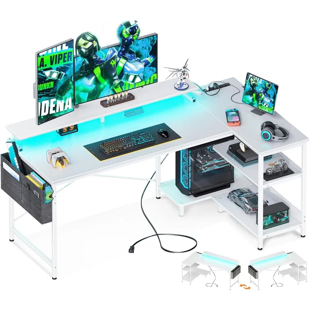 58 Inch Gaming Desk with USB Charging Ports and LED Lights, Reversible L Shaped Computer Desk with Storage Shelves & Monitor