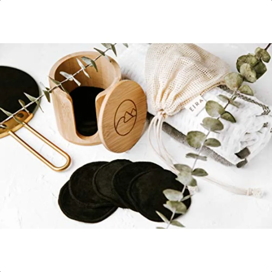 EIRA's Washable Makeup Remover Pads Black Bamboo Reusable Cotton Rounds with Wooden Holder. Makeup Remover Cloths EcoFriendly Z