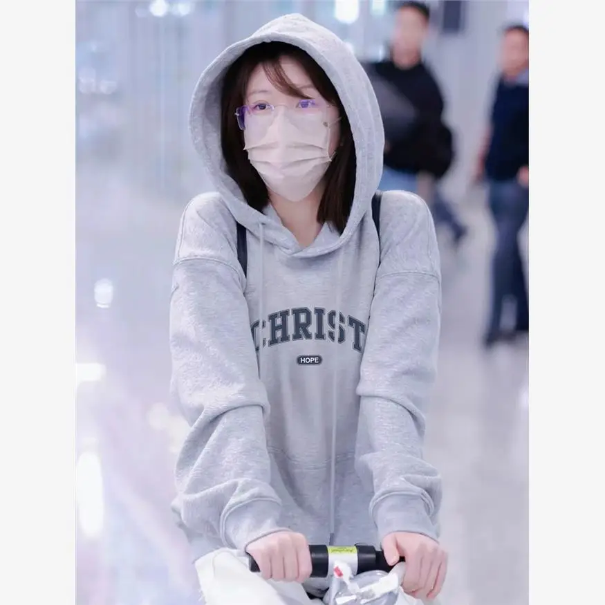 Gray Fleece-lined Hoodie Women's Oversized Autumn Winter Jacket Letter Print Casual Comfortable Soft Fabric Top