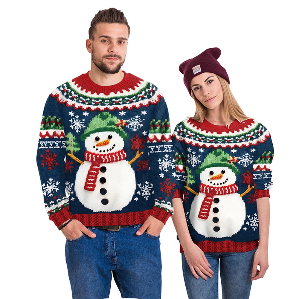 Men Women Xmas Sweatshirt 3D Christmas Snowman Snowflakes Print Ugly Christmas Sweater Unisex Pullover Holiday Party Jumper Tops