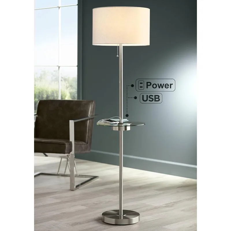 Caper Modern Floor Lamp with Tray USB and AC Power Outlet on Table Glass Fabric Drum Shade for Living Room Reading House Bedroom