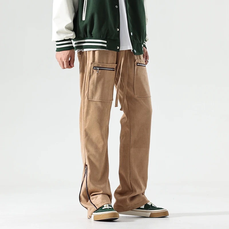

High Street Vibe Original Fashion Designer Men's Baggy Casual Straight Suede American Zipper Split Trousers Khaki Pants