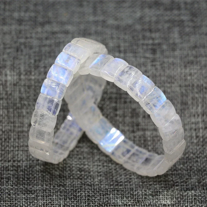 HESHI Natural Crystal Gemstone Blue Ice Seed Moonstone Elastic Elastic Hand Row  Band Handmade Bracelet for Women Men