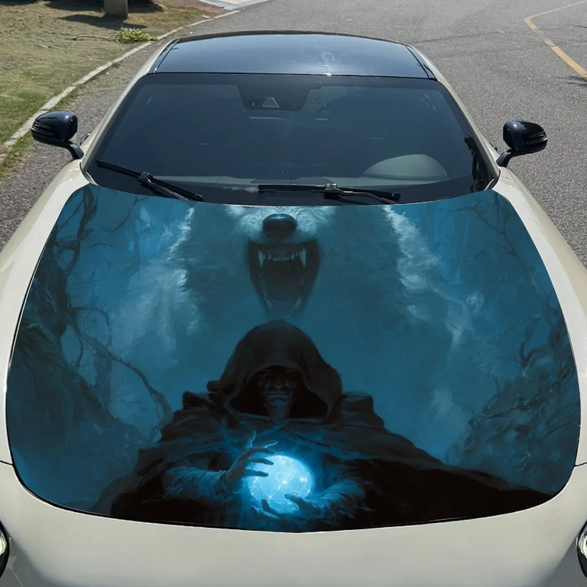 شخصيات غامضة بغطاء للرأس وملصق غطاء محرك السيارة الذئاب، طبقة غطاء حماية شخصية محرك PVC متينة، سهلة التركيب وات #3