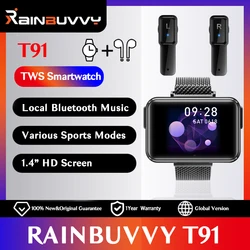 Rainbuvy-reloj inteligente T91 con auriculares Bluetooth, pulsera deportiva con pantalla completamente táctil de 1,4 pulgadas