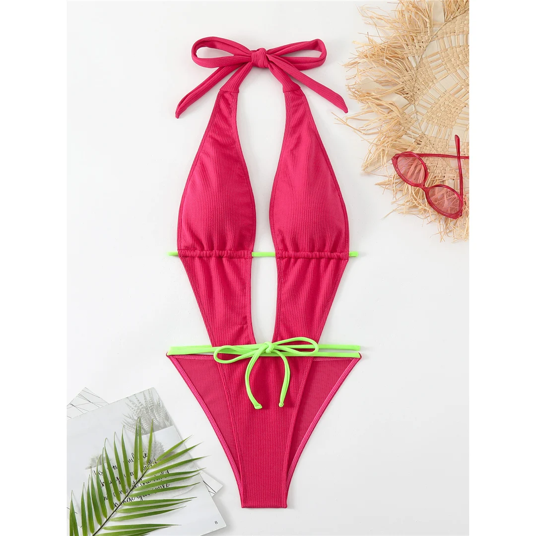 Badeanzug für Damen mit tiefem V-Ausschnitt, rückenfreiem Design und hohem Beinausschnitt, einteiliger Badeanzug, Wickel-Monokini, Badebekleidung, Badeanzug V5610 – Detail 9