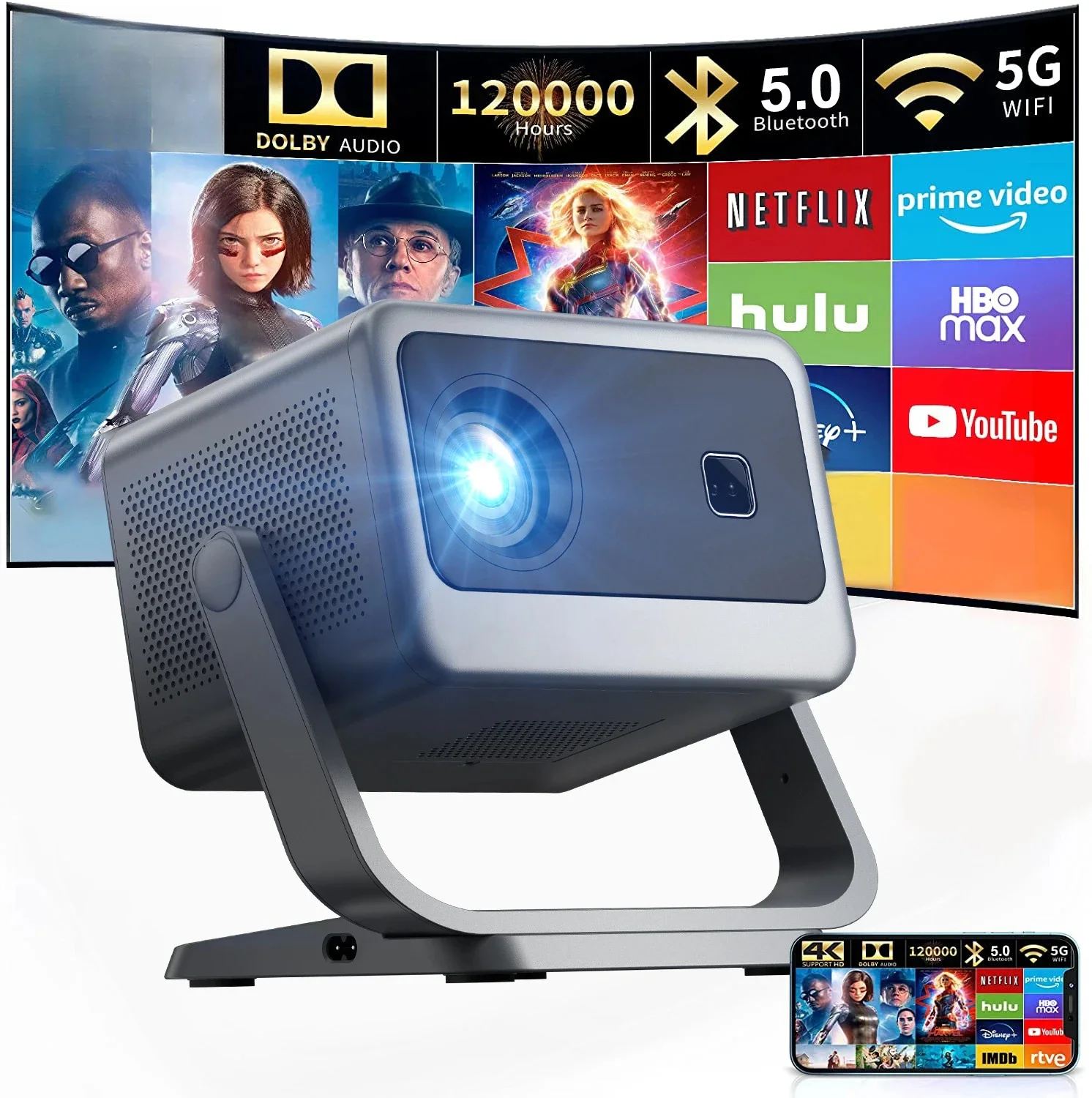 

Проектор с электрической фокусировкой 1080P для дома, офиса, спальни, настенной проекции, семейного небольшого кинотеатра 4K