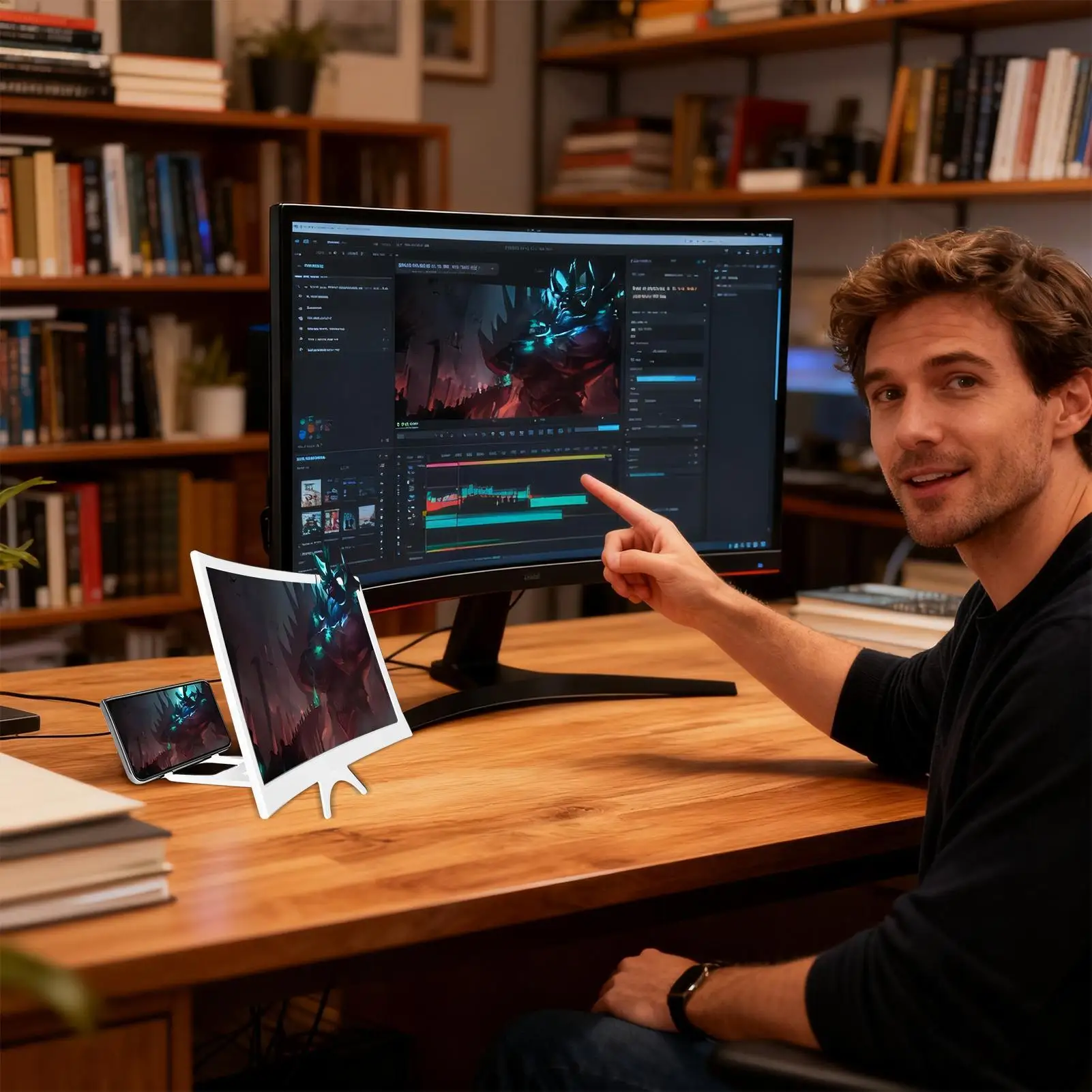 مضخم شاشة منحني قابل للطي 12 بوصة مضخم صوت للهاتف المحمول فائق الوضوح عدسة مكبرة حامل كسول لمشاهدة الفيلم