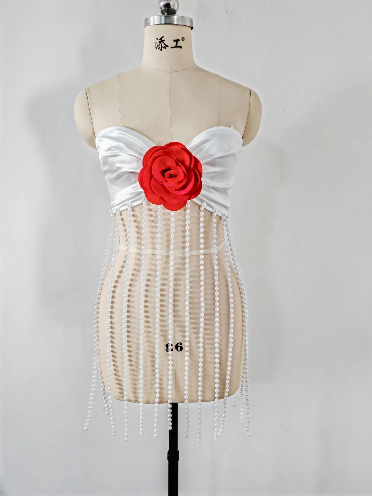 2025 Women Sexy Strapless Pearl Tassel 3D Flowers Black Dress Birthday Party Costume Bar Nightclub Stage Performance Clothing