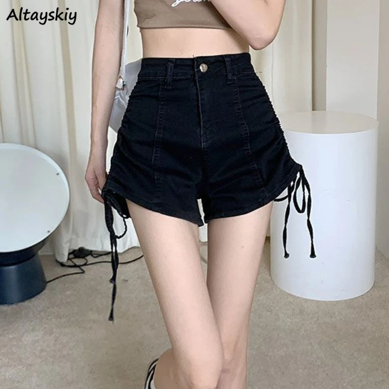 

Shirring Shorts Women Slim Y2k Vintage Stretchy High Waist Summer All-match Hotsweet Casual Students Denim Tender Chic Ulzzang